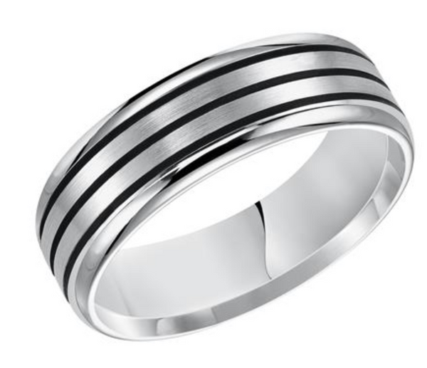 7mm White Gold with Engraved Lines Wedding Band