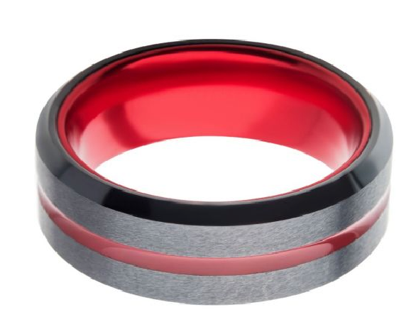 Steel Black Plated with Red Aluminum Beveled Wedding Band Ring