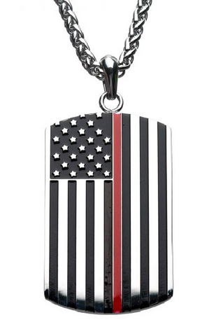 Thin Red Line American Flag Firefighter Military Style Dog Tag Enamel Pendant with Chain